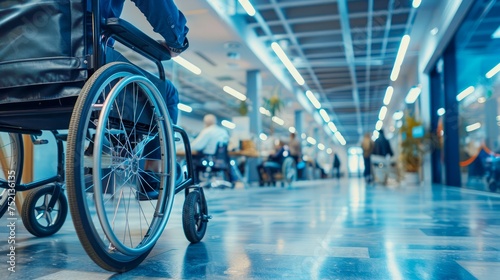 Person in Wheelchair at Modern Facility with People Walking in Background, Inclusion Concept