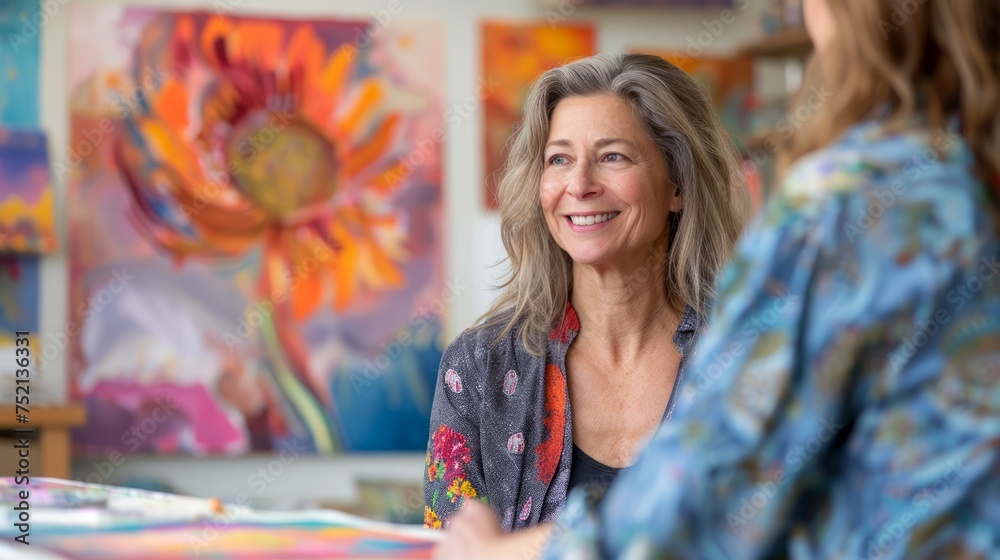 Fototapeta premium Art Teacher Smiling in Creative Studio Environment with Vivid Artwork and Student Interaction
