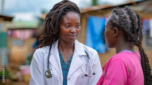 Smiling Female African Doctor in Conversation with Young Patient Outdoors in a Rural Setting photo