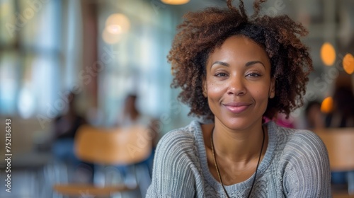 Portrait of Confident Young African American Woman Smiling in a Casual Indoor Setting with Defocused Background photo