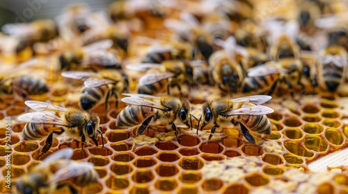 Close-up View of Busy Honeybees Working Collectively on Hexagon Beehive Structure with Pollen