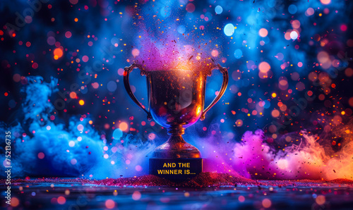 A shining trophy cup overflows with colorful beams and stars, highlighting the text AND THE WINNER IS, signifying celebration and announcement of a victor photo
