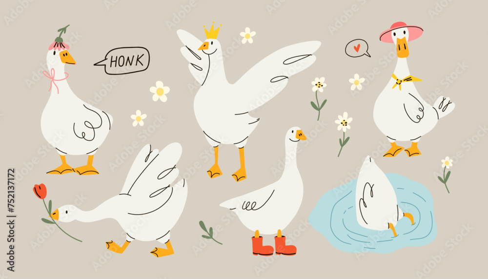 Fototapeta premium Funny goose. Adorable farm birds in different poses, cute characters and flowers. Childish print and poster, kids textile and nursery decor. Stickers set. Vector cartoon flat isolated illustration