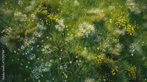 Field with grass and flowers, top view.