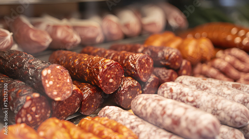 sausages offered for sale in showcase, chorizo, morcilla, butifarra and chistorra sausages