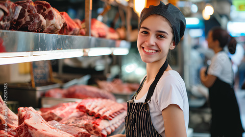 Portrait of smiling interested young female butcher shop worker standing at counter, with piece of fresh raw beef ribs while arranging meat products