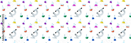 Laboratory glassware seamless pattern. Chemical reagents in glass bottles and rest tubes and flasks. Medical lab equipment. Scientific research tools. Doodle vector cartoon isolated background