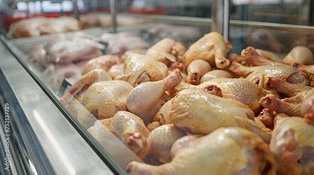 Pile of fresh raw gutted broiler chickens arranged in refrigerated display case of meat market Pile of fresh raw gutted broiler chickens arranged in refrigerated display case of meat market