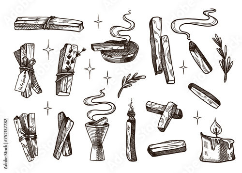 Palo Santo. Hand drawn sticks. Aromatherapy for meditation and relaxation, aromatic wood, sketch style drawing. Latin America burning incense with smoke. Yoga and esoteric. Vector illustration