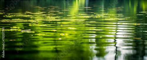 Tranquil pond with water lilies and lush green reflections