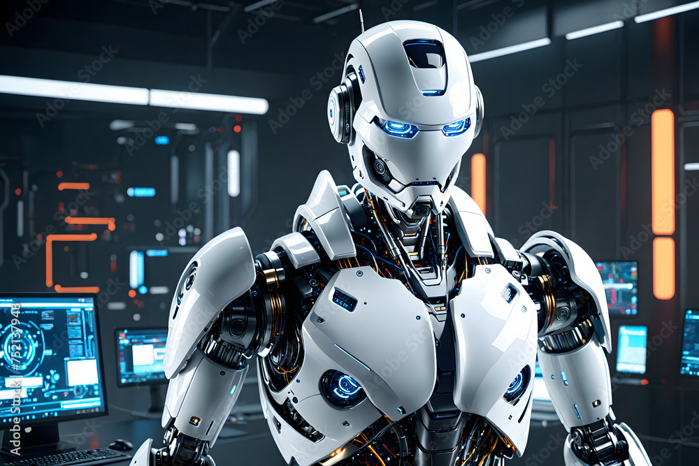Futuristic robot inside a cyber house, technological room background. Futuristic robot inside a cyber house, technological room background.