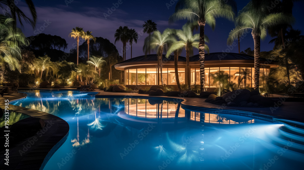 Luxurious evening at a tropical resort with reflective pool