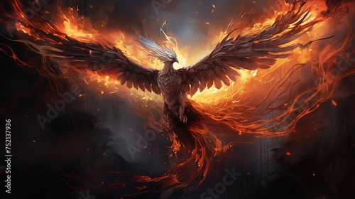 A phoenix emerging from the fiery flames.