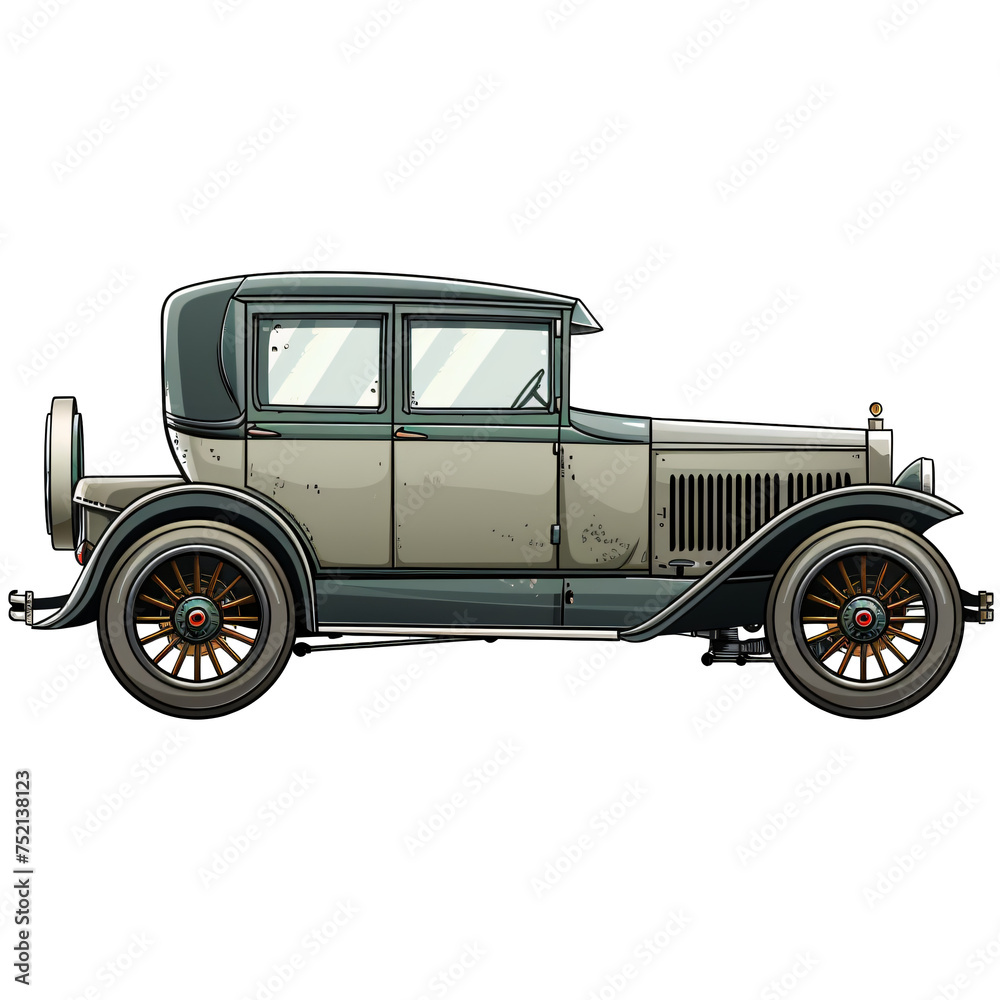 Antique beige car with dark brown roof and wood spoke wheels. Classic automobile illustration isolated transparent background. Vintage transport and luxury concept. Design for print, poster, banner