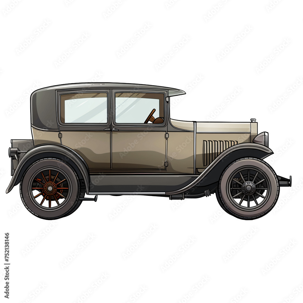 Classic tan car with dark brown accents and wooden spokes. Vintage automobile illustration isolated PNG. Transparent background. Design for print, poster, banner