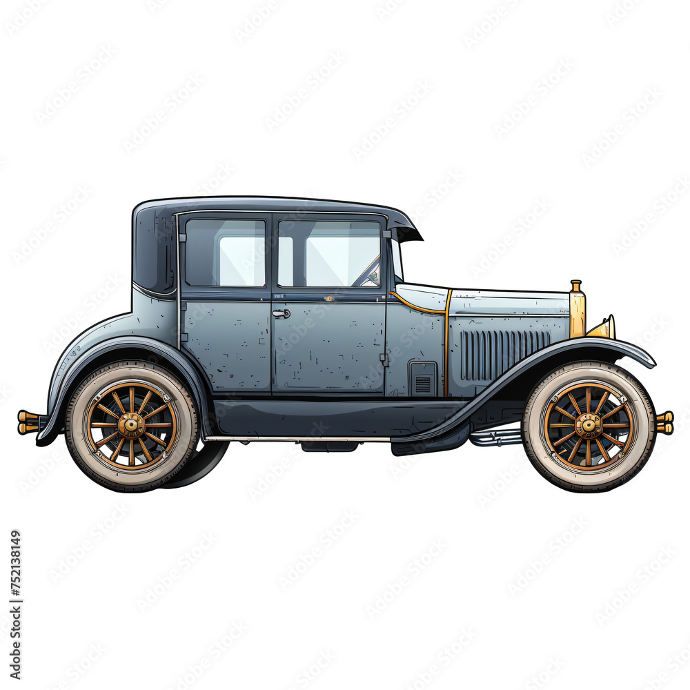 Classic charcoal-gray car with brass accents. Vintage vehicle illustration isolated on transparent background PNG. Early automotive design and nostalgia concept. Design for print, poster, banner