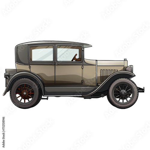 Classic tan car with dark brown accents and wooden spokes. Vintage automobile illustration isolated PNG. Transparent background. Design for print, poster, banner © Dmitry