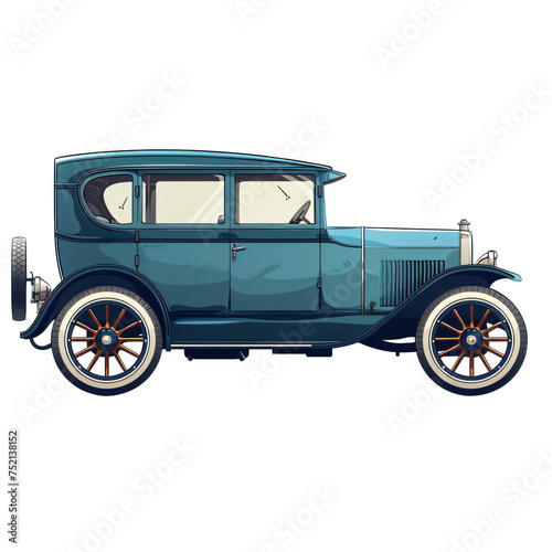 Vintage dark teal car with beige panels and wooden wheels. Historical vehicle on transparent background PNG. Classic elegance and transport concept. Design for print, poster, banner © Dmitry
