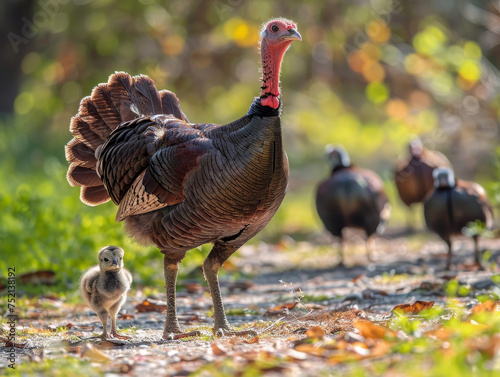 A wild turkey hen with her chick in a colorful autumn forest.