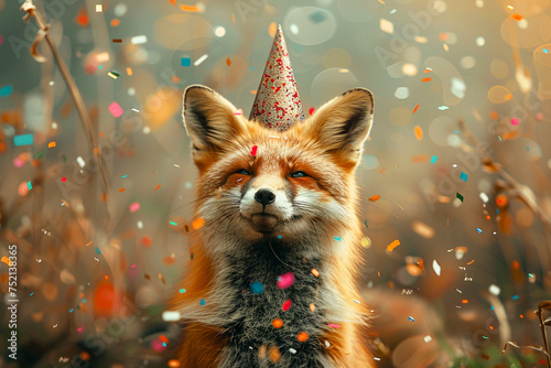 Fox caught in a moment of surprise surrounded by confetti and party hats a blend of cunning and celebration