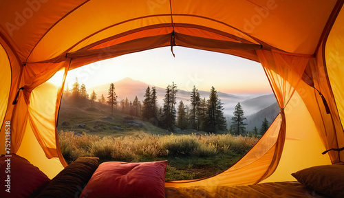 POV of a camping tent on a coniferous forest and mountains in the fog photo