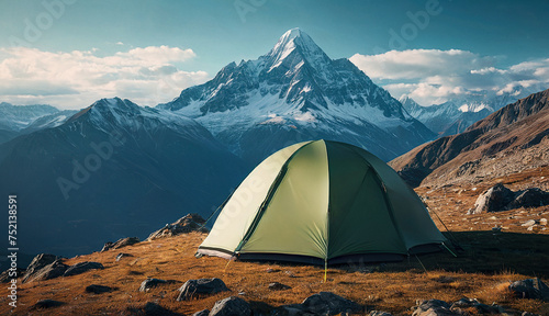 green tourist tent on the background of a mountain peak, tourism, mountaineering © itakdalee