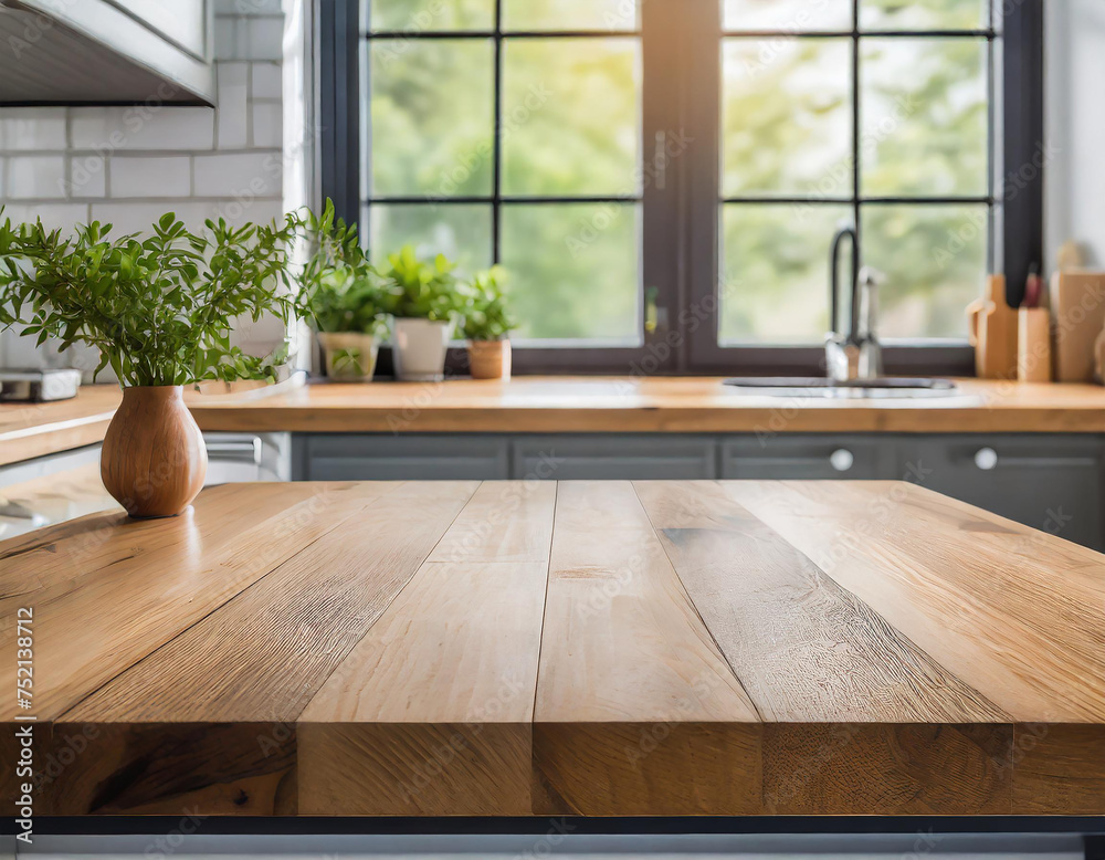Empty wooden top table in kitchen with blurred window background in the morning Empty wooden top table in kitchen with blurred window background in the morning