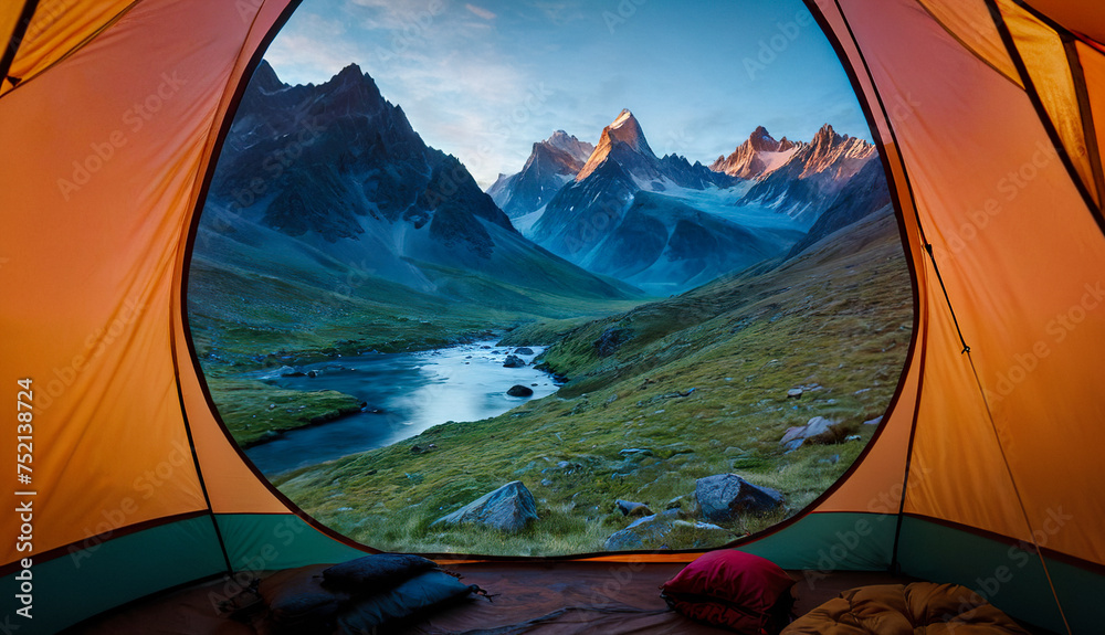 first person view from tent camping, lake, mountains