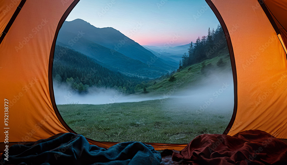 first person view from a camping tent, fog, mountains