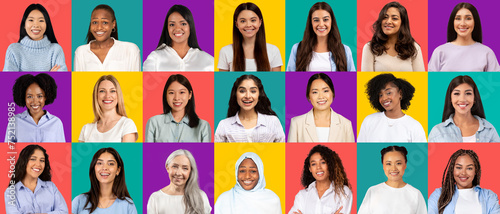 A vibrant display of headshots featuring women from diverse ethnic backgrounds