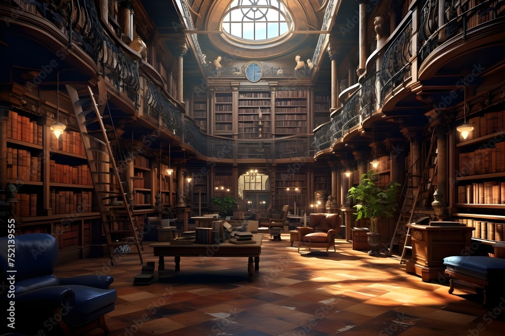 Historical Library Interior: The grand interior of a historic library, filled with books and timeless charm.

