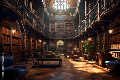 Historical Library Interior: The grand interior of a historic library, filled with books and timeless charm.