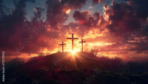 Recreation of three cross in a hill at sunset, Jesus Christ crucifixion