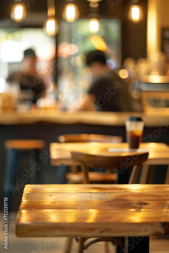 Empty wooden table in a coffee shop. A barista is working in the background. For advertising various products