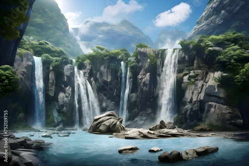 Dynamic Waterfall Plunge: A powerful waterfall cascading down rocky cliffs, showcasing nature's force.   © Tachfine Art