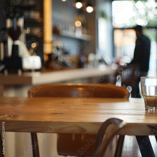 Empty wooden table in a coffee shop. A barista is working in the background. For advertising various products