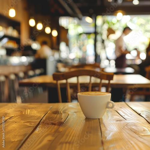 Empty wooden table in a coffee shop. A barista is working in the background. For advertising various products