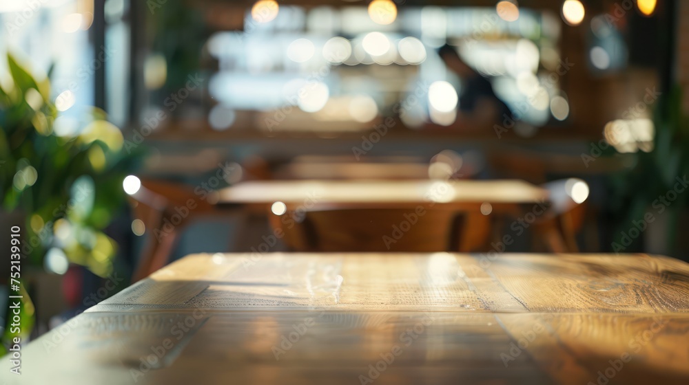 Empty wooden table in a coffee shop. A barista is working in the background. For advertising various products Empty wooden table in a coffee shop. A barista is working in the background. For advertising various products