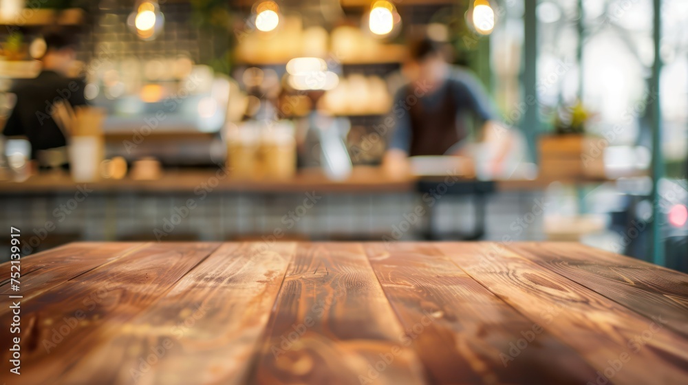 Empty wooden table in a coffee shop. A barista is working in the background. For advertising various products