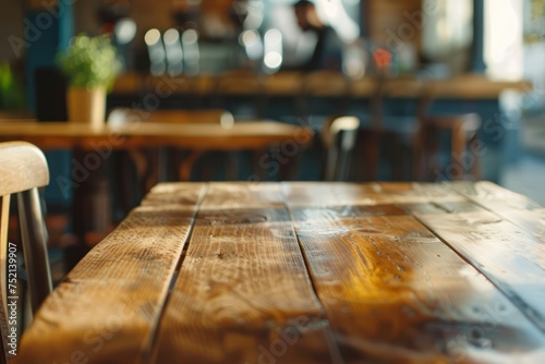 Empty wooden table in a coffee shop. A barista is working in the background. For advertising various products