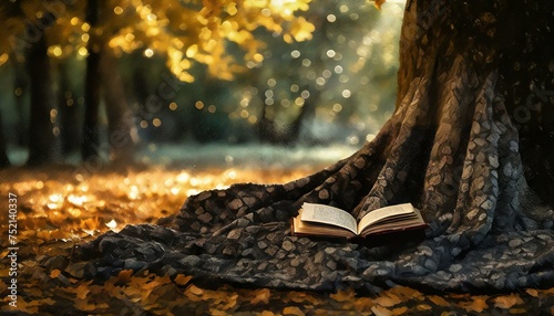 "Tranquil Retreat: Enjoying a Blanket and a Book Beneath the Autumnal Canopy in the Park"