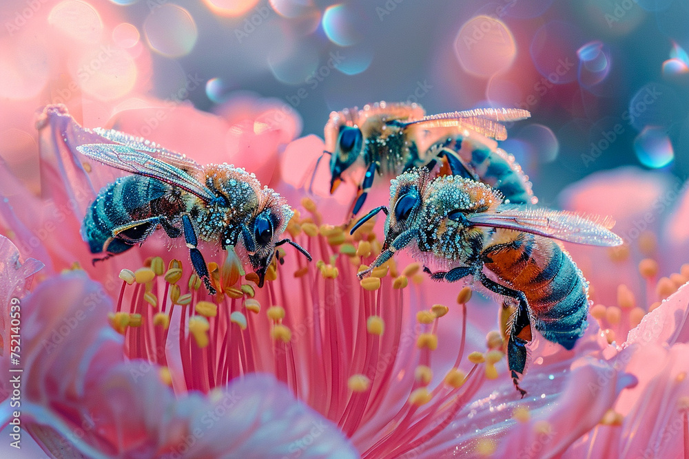 Bees pollinating silkcovered flowers a natureinspired macro poster with vibrant colors and thematic elements of serenity