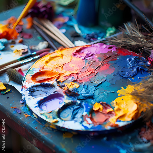A close-up of an artists palette with paint. © Cao