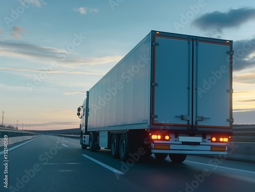 Cargo truck on the highway under a sunset sky, symbolizing long-distance logistics and transport.