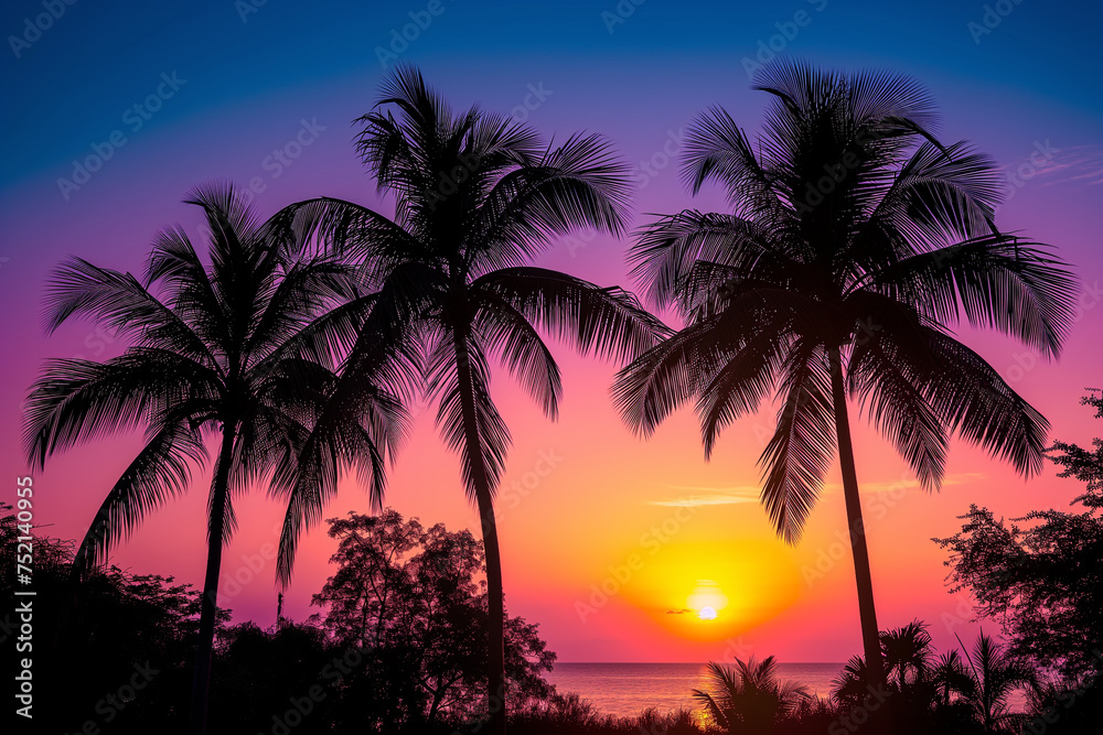 Obraz premium A sunset over the ocean with palm trees in the background. The sky is a mix of pink and purple hues, creating a serene and peaceful atmosphere