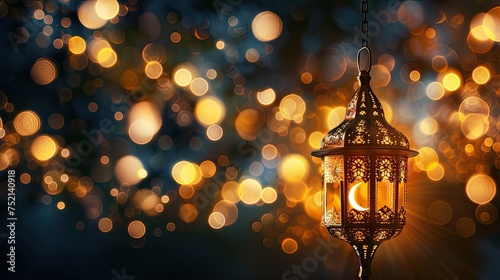 Ramadan kareem greeting card with golden lanterns and moon, Sparkling bokeh effect for a beautiful background