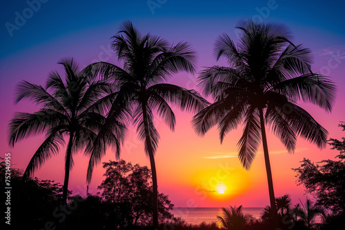 A sunset over the ocean with palm trees in the background. The sky is a mix of pink and purple hues, creating a serene and peaceful atmosphere © Nataliia_Trushchenko