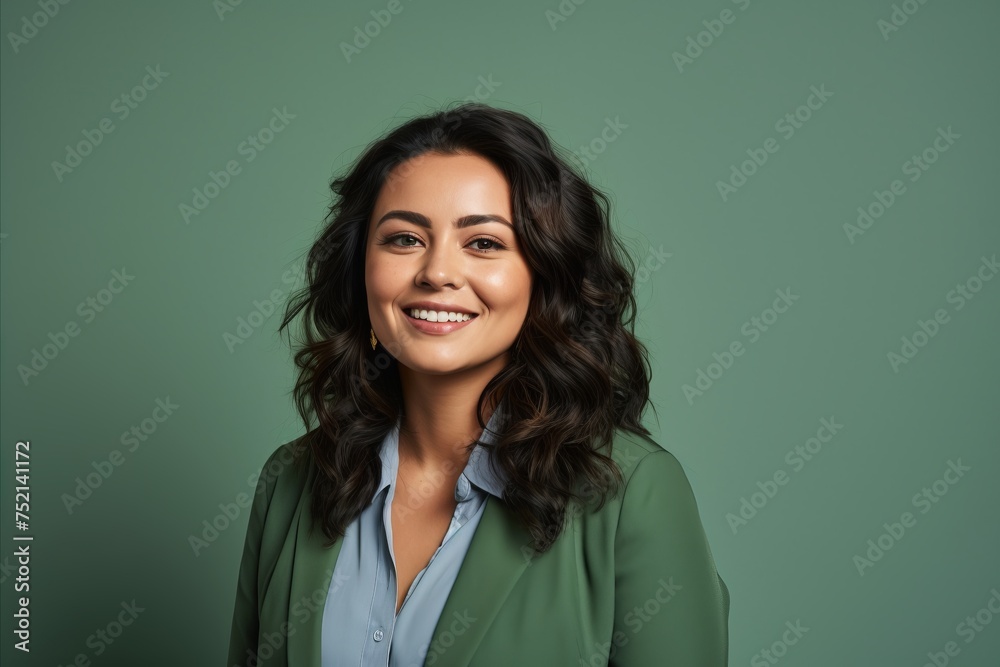 Portrait of smiling young business woman looking at camera against green background