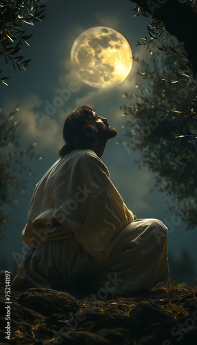 Vertical recreation of Jesus praying in Getshemane a night with full moon  © bmicrostock