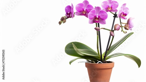 on a white background  a purple tiger orchid in a flowerpot
